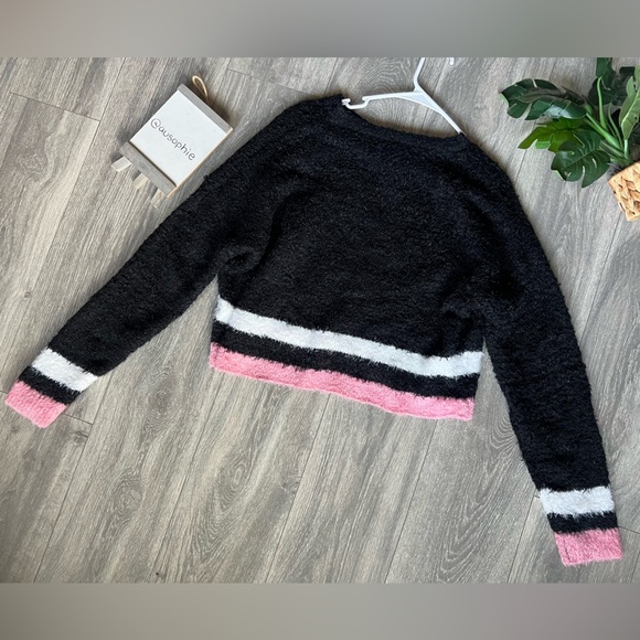 Self esteem boxy cropped black pink and white eyelash fabric sweater Y2K  XL - Picture 5 of 8